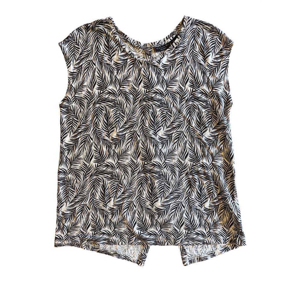 Tahari Womens Large 100% Linen Palm Print Sleeveless Button Back Shell Top Black